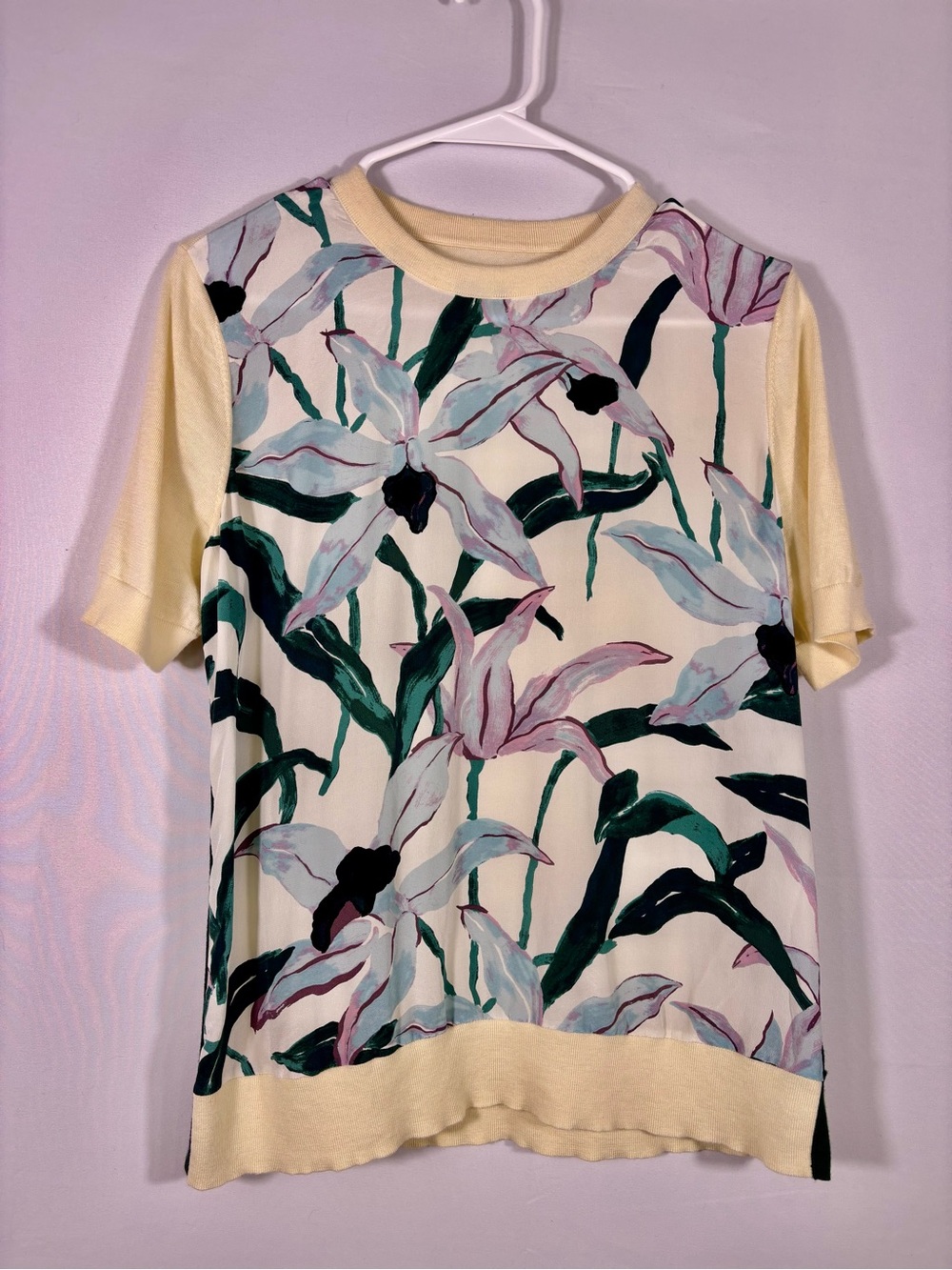 Tory Burch Silk Front Merino Wool Floral Sweater Top Medium